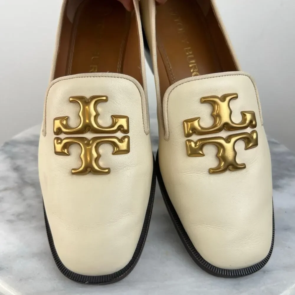 Tory Burch Eleanor Logo Block Heeled Shoes Ivory Leather Slip In Loafer (Sz 8.5)